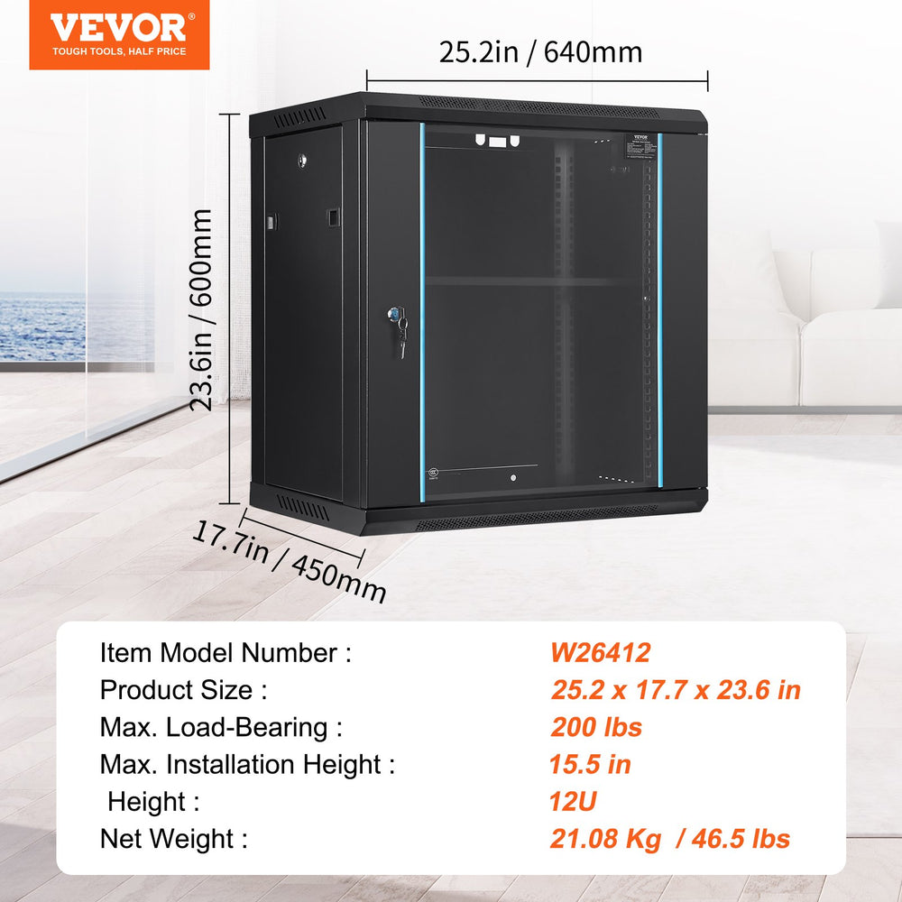 Vevor Network Server Cabinet 12U Wall Mount Enclosure 15.5" with Glass Door and Lock New