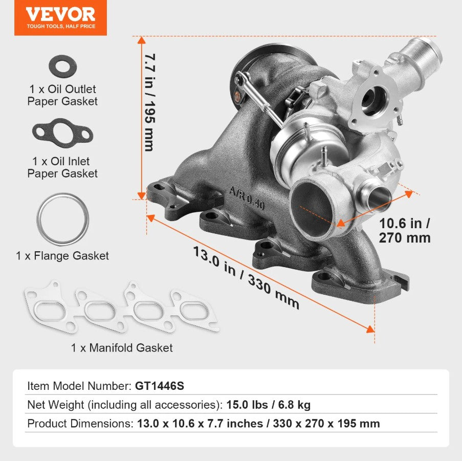 Vevor Turbocharger Kit for Chevy Cruze 2011–2019 1.4T with Gasket Set New