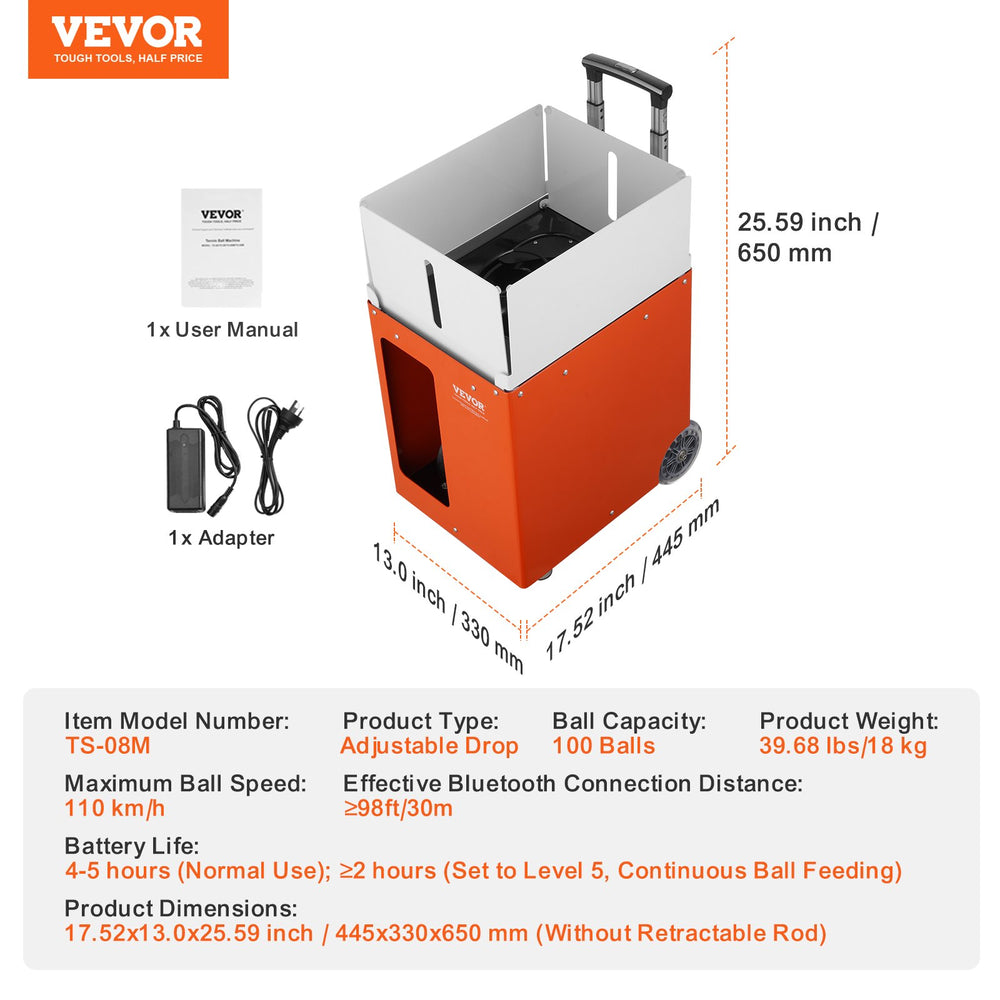 Vevor Tennis Ball Machine Bluetooth App-Controlled 5 Modes 29 Routes 110 km/h 100 Ball Capacity Portable New