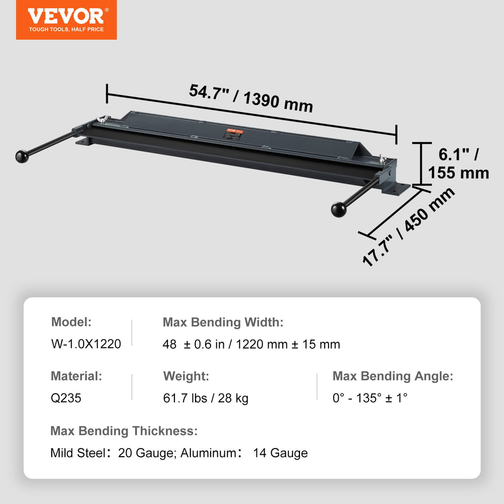 Vevor Box and Pan Brake 48" 0-135° Sheet Metal Bender for 20-Gauge Low Carbon Steel and 14-Gauge Aluminum New