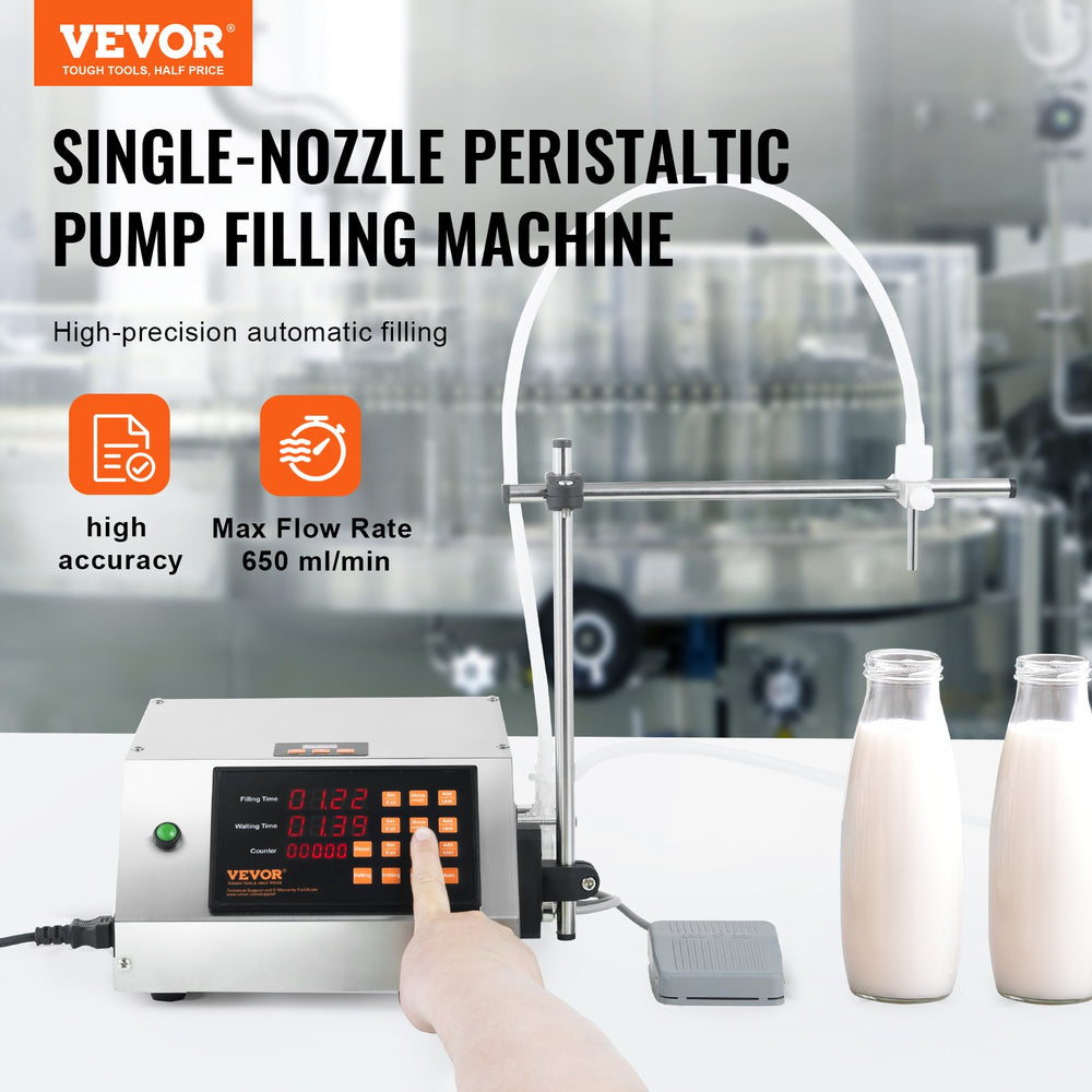 Vevor Liquid Filling Machine 5-650ml Capacity Peristaltic Pump Digital Control with Single Nozzle New