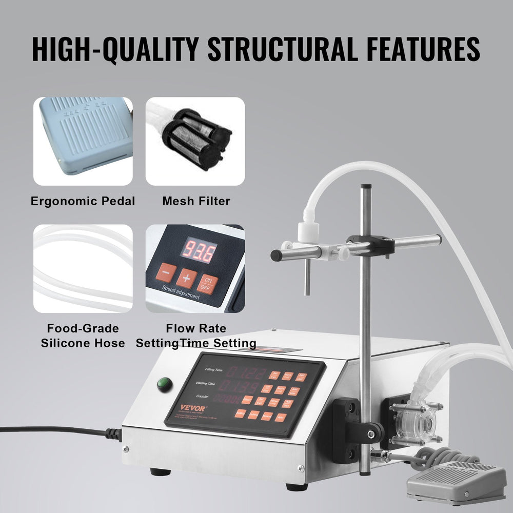Vevor Liquid Filling Machine 5-650ml Capacity Peristaltic Pump Digital Control with Single Nozzle New