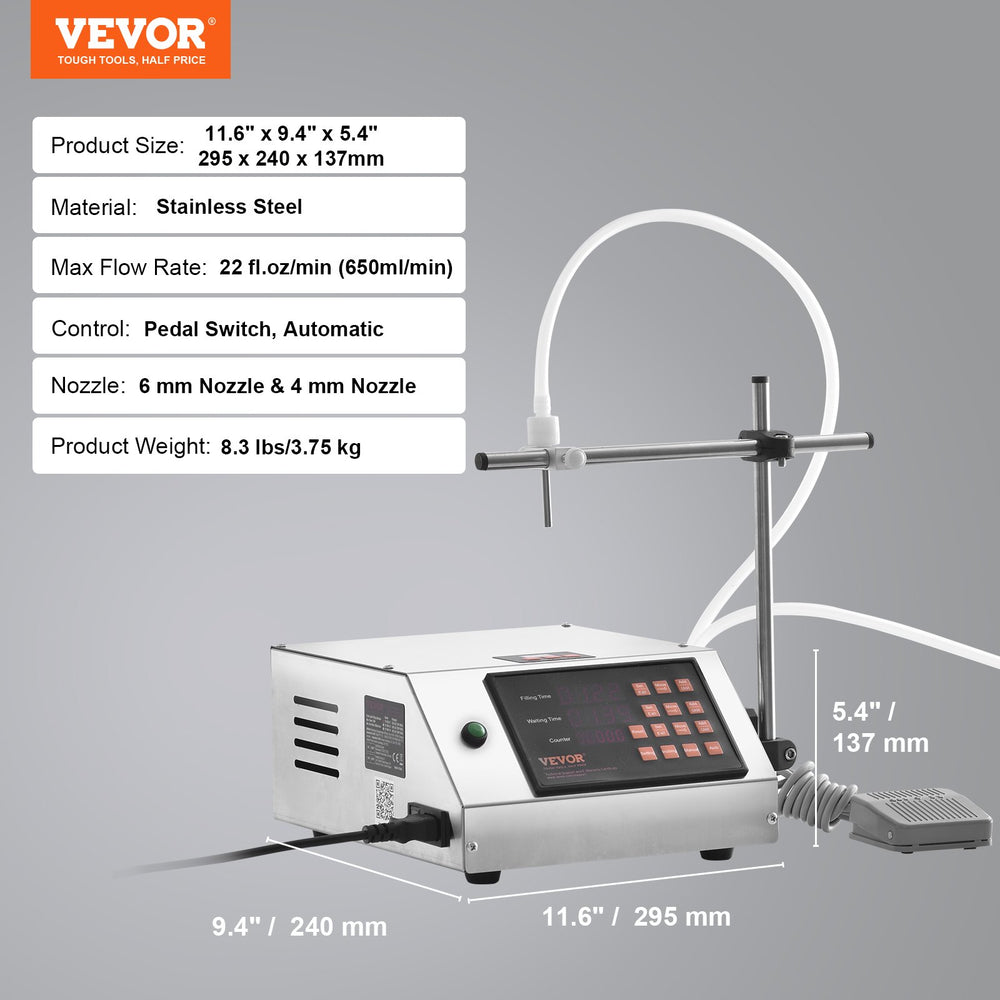 Vevor Liquid Filling Machine 5-650ml Capacity Peristaltic Pump Digital Control with Single Nozzle New