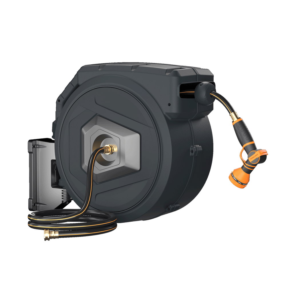 Giraffe Tools Premium Instant Glide Retractable Garden Hose Reel 5/8in 90ft Metal Bracket Dark Grey New