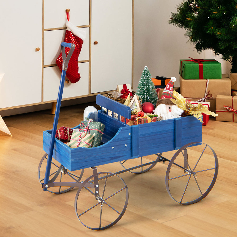 Wooden Wagon Plant Bed with Metal Wheels for Garden Yard Patio-Blue - Gallery View 1 of 10