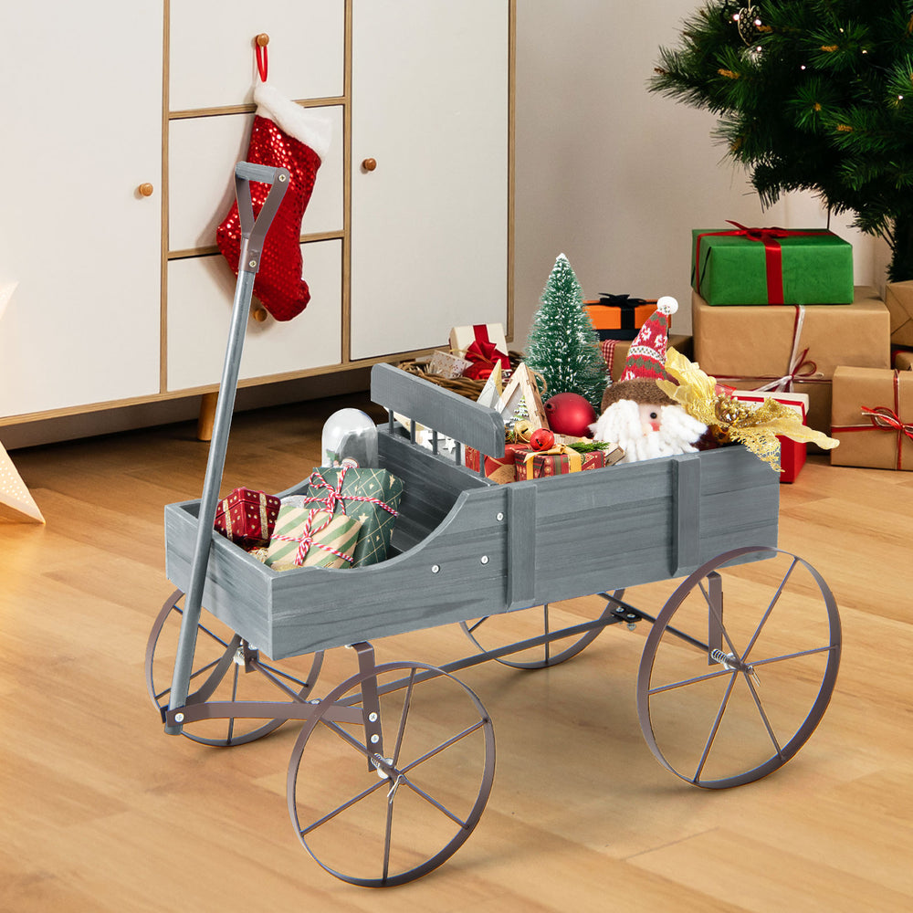Wooden Wagon Plant Bed with Metal Wheels for Garden Yard Patio-Gray - Gallery View 1 of 10