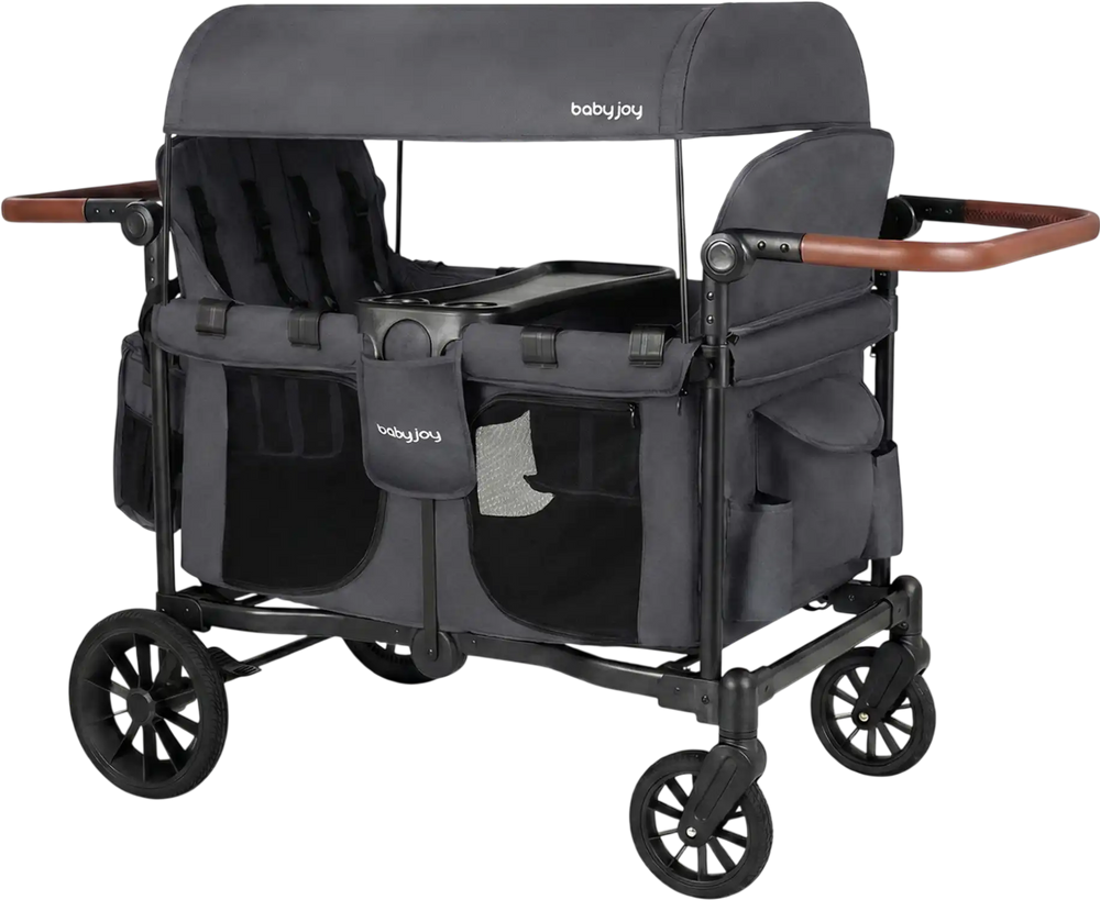 Foldable 4-seater gray wagon stroller with removable canopy, adjustable handles, and multiple storage pockets for kids.