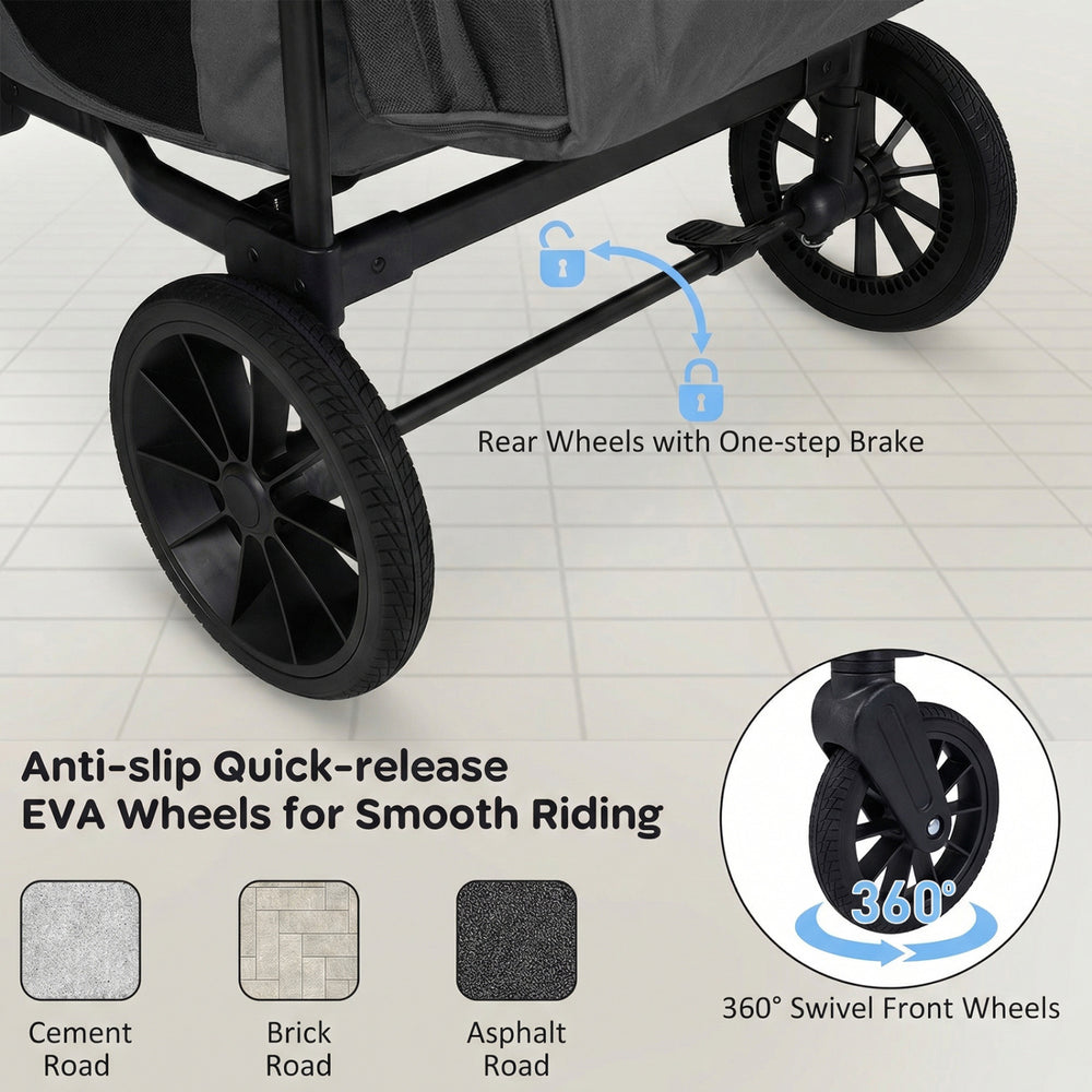 Close-up of the 360° swivel front wheels on the gray foldable wagon stroller, featuring anti-slip EVA wheels for smooth.