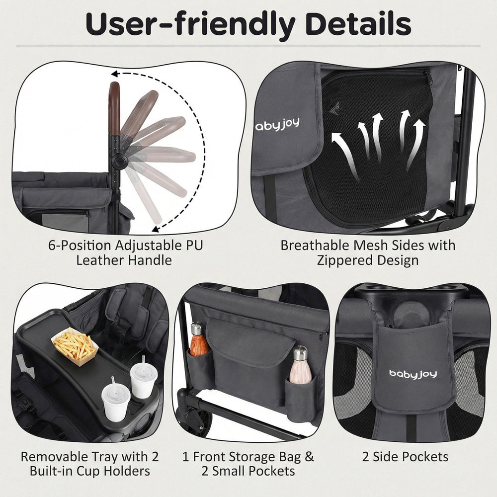 Detail view of the wagon stroller's adjustable handle, breathable mesh sides, and removable tray with cup holders for.