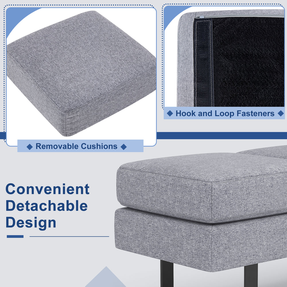 Removable cushion detail of the gray waiting room bench with hook and loop fasteners for easy maintenance.