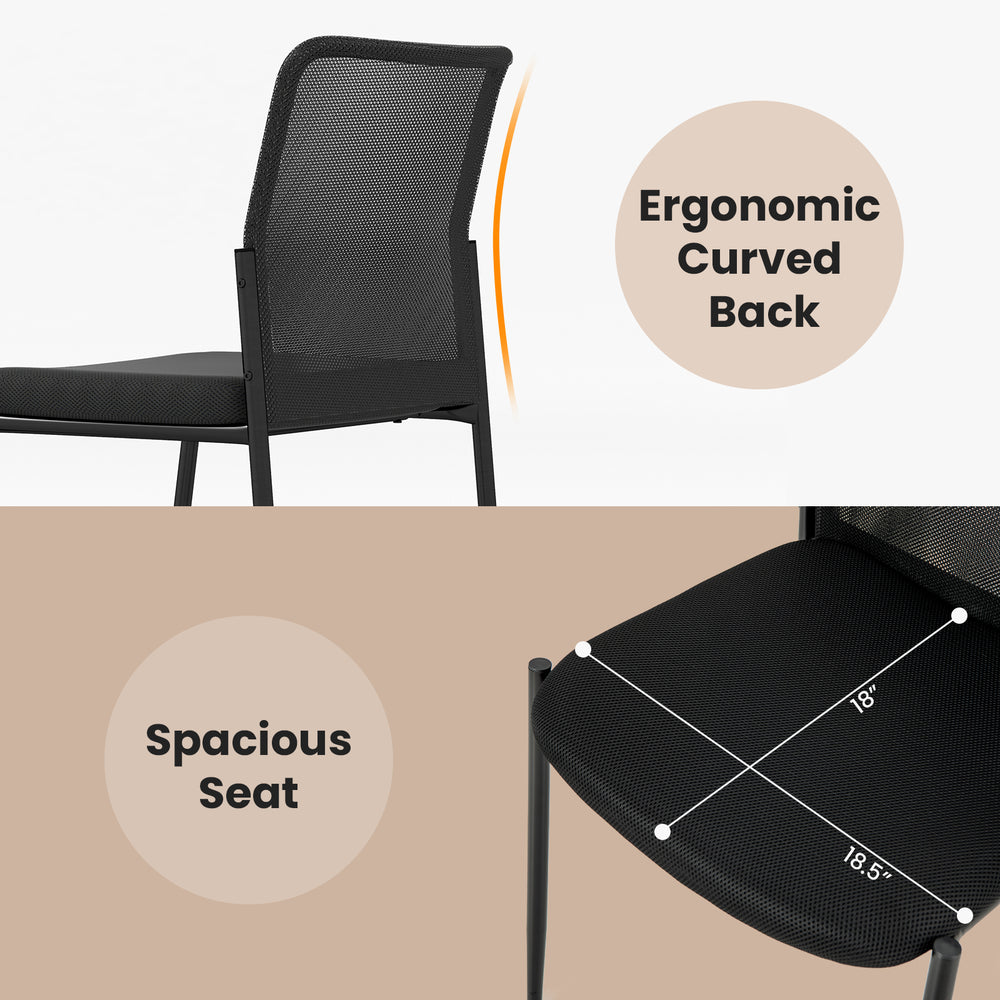 Close-up of a black waiting room chair showing the ergonomic curved back and spacious padded seat dimensions for.