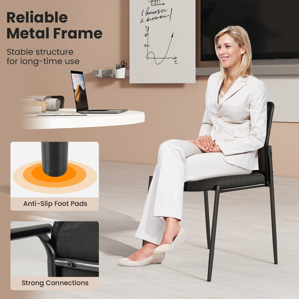 Black waiting room chair with ergonomic mesh backrest and padded seat, featuring anti-slip foot pads for stability.