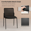 Black ergonomic mesh chair with padded seat, featuring breathable fabric and stackable design for office or waiting.