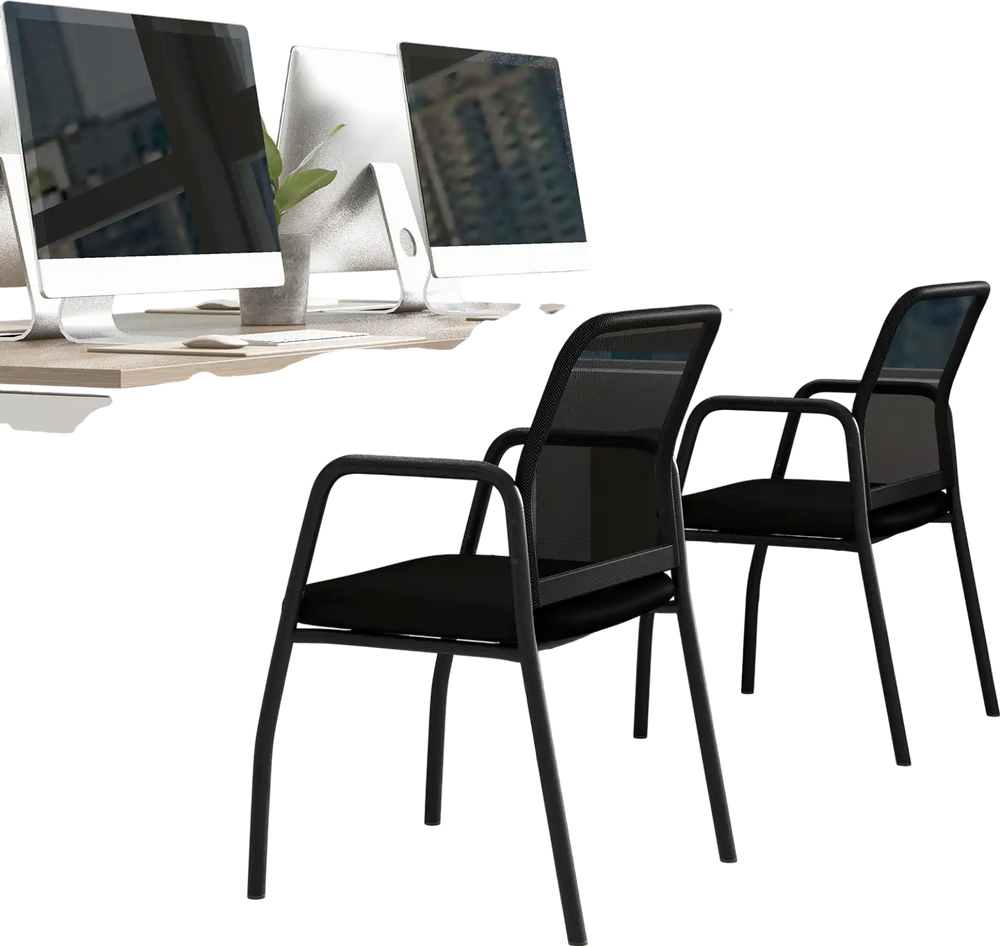 Set of 2 black waiting room chairs with ergonomic mesh backrests, ideal for office and guest seating.