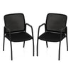 Set of 2 black waiting room chairs with ergonomic mesh backrest and wide seat cushion for office or guest use.