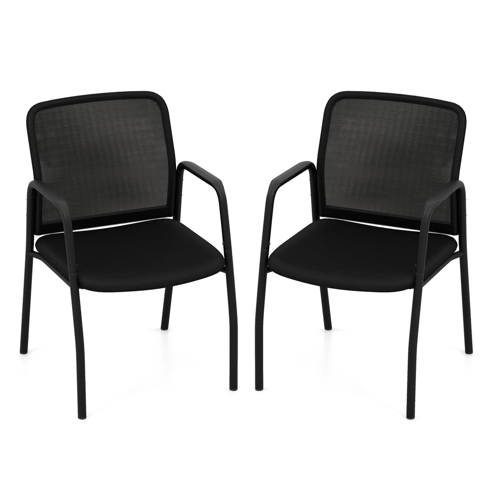 Set of 2 black waiting room chairs with ergonomic mesh backrest and wide seat cushion for office or guest use.