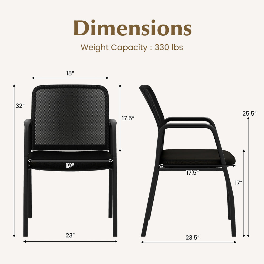 Dimensions of ergonomic black waiting room chair with mesh backrest, supporting up to 330 lbs, ideal for office use.
