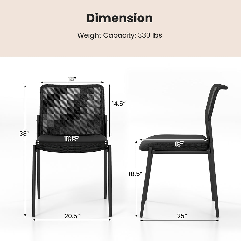 Dimensions of a black waiting room chair with ergonomic mesh backrest, padded seat, and 330 lbs weight capacity.