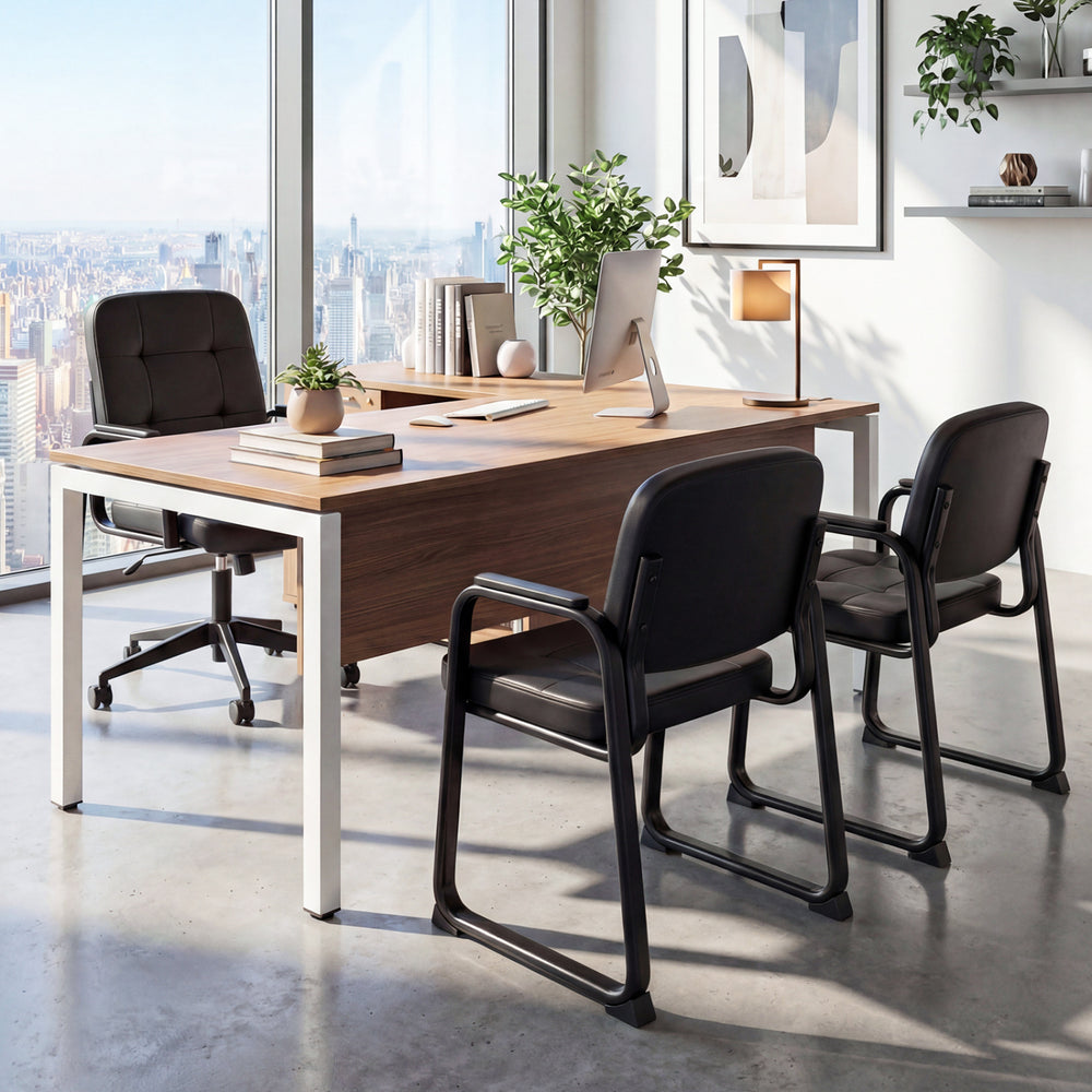 Set of 2 leather office reception chairs with cushioned seats and ergonomic backrests, perfect for waiting areas.