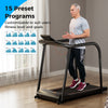Walking treadmill with extended handrails, LED display, and 15 preset programs for seniors' fitness goals.