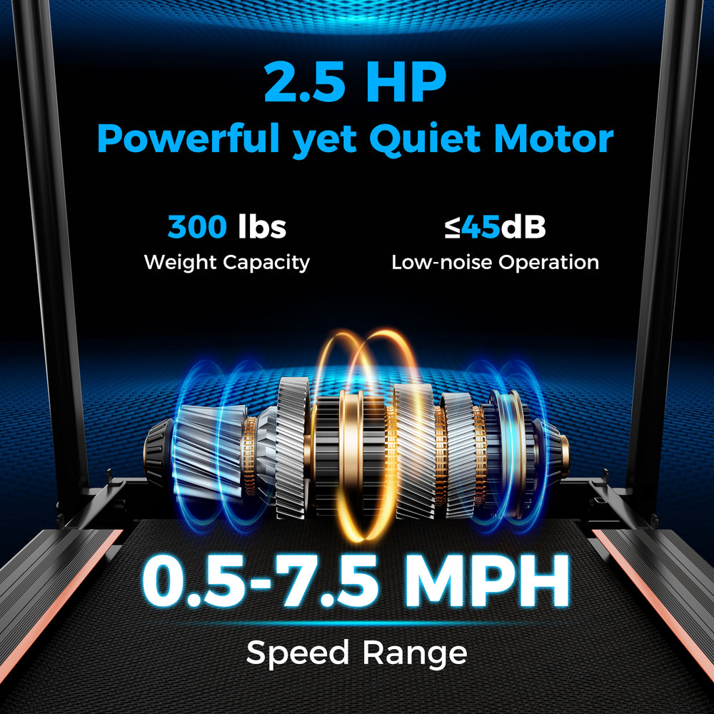 Close-up of the 2.5 HP motor for the walking treadmill, showcasing quiet operation and robust performance for seniors.