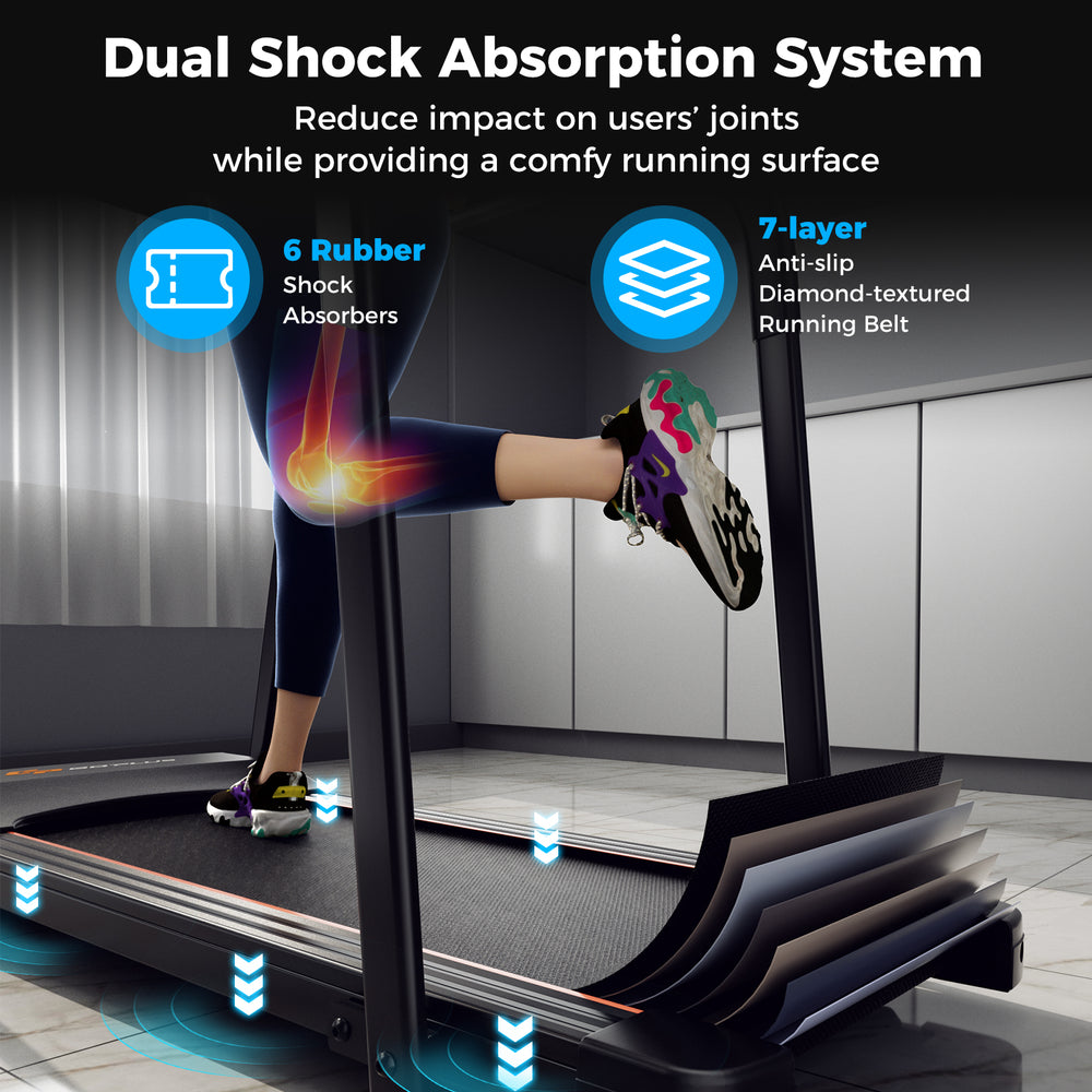Close-up of the 2.5 HP walking treadmill's diamond-textured running belt and rubber shock absorbers for joint.