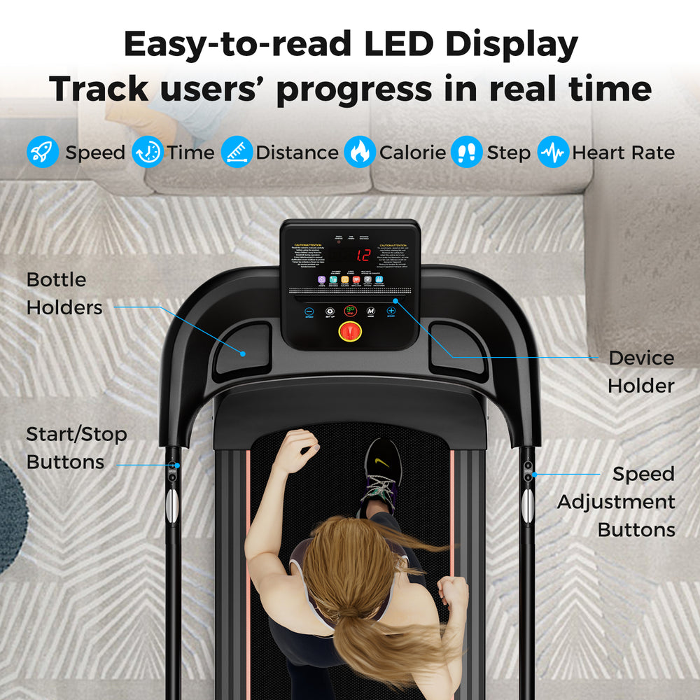 Walking treadmill with LED display showing speed and heart rate, featuring extended handrails and bottle holders for.