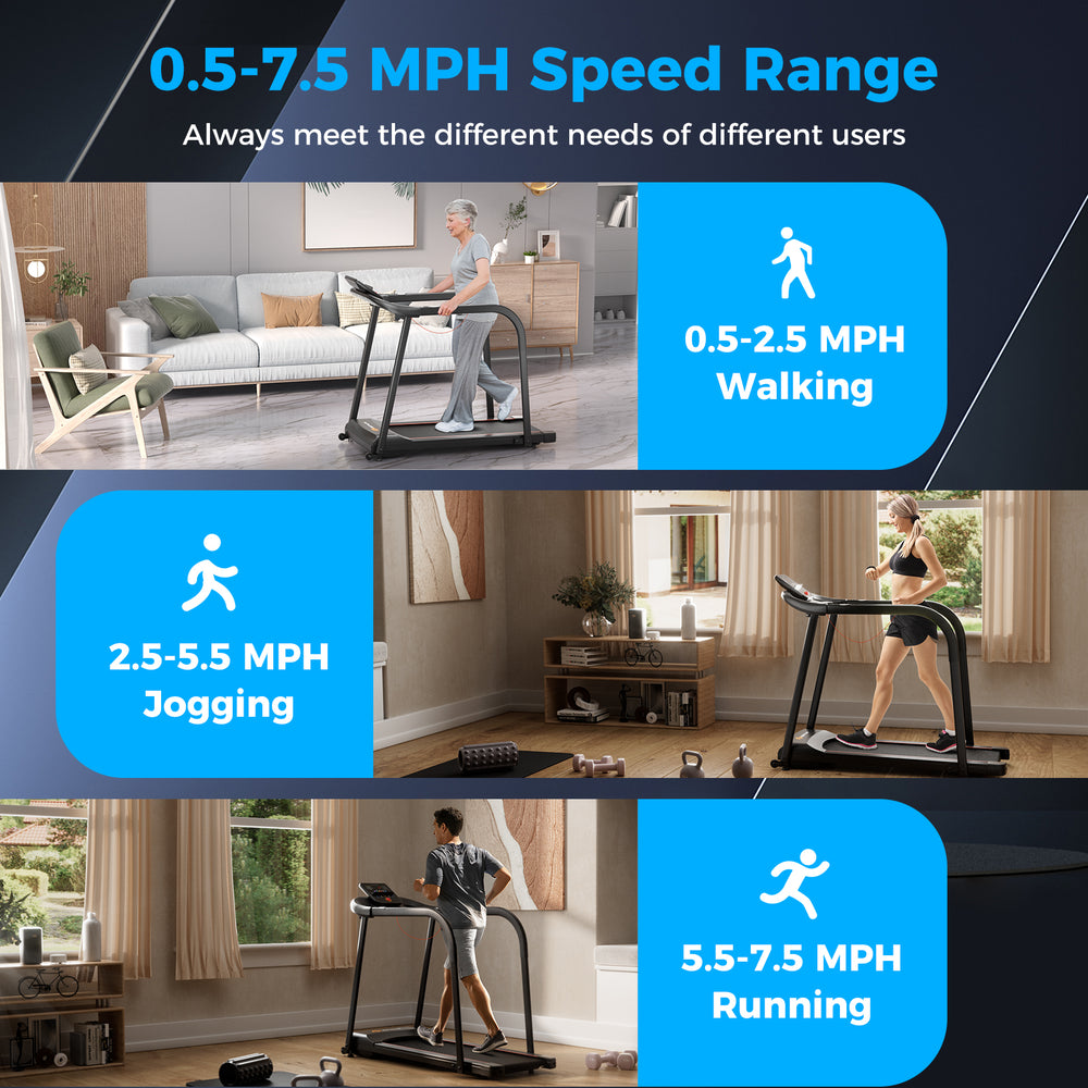 Walking treadmill with extended handrails, 0.5-7.5 MPH speed range, and LED display for seniors' fitness needs.