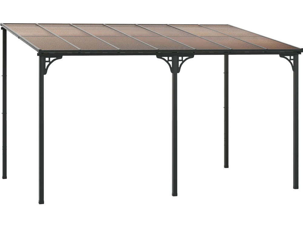 Large wall-mounted patio gazebo with a sloped polycarbonate roof, supported by a durable black metal frame for outdoor.
