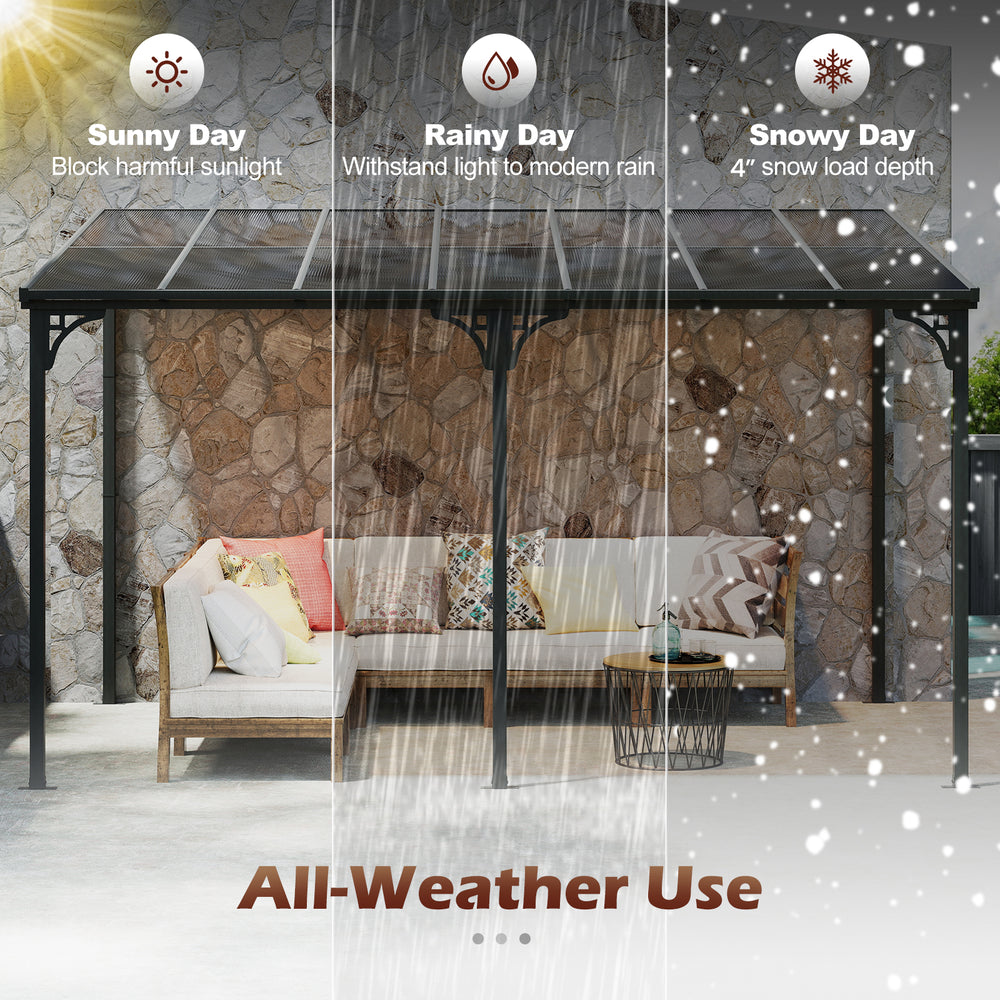 Wall-mounted patio gazebo with sloped polycarbonate roof, designed for all-weather use and reliable support.