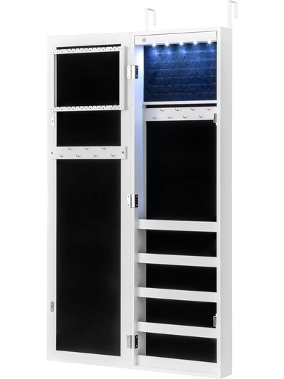 Costway Mirrored Wall/Door Jewelry Cabinet with LED Light 53128704 New