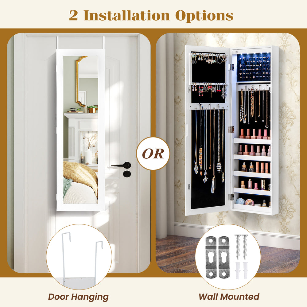Wall and door mirrored jewelry cabinet with LED light, featuring generous storage and soft velvet lining for protection.