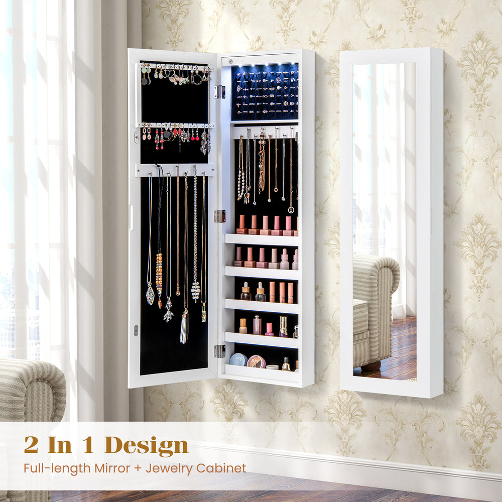 Wall and door-mounted mirrored jewelry cabinet with LED light, featuring generous storage and soft velvet lining for.