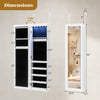 Wall-mounted mirrored jewelry cabinet with LED light, 42" tall, featuring velvet lining and generous storage space.