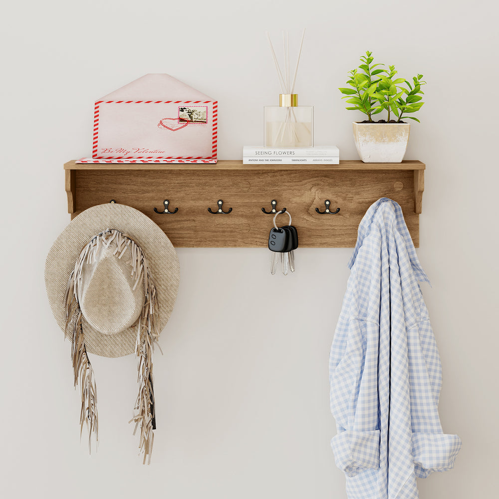 Wooden coat rack with shelf, featuring 6 hooks for hats and towels, ideal for entryway or living room organization.