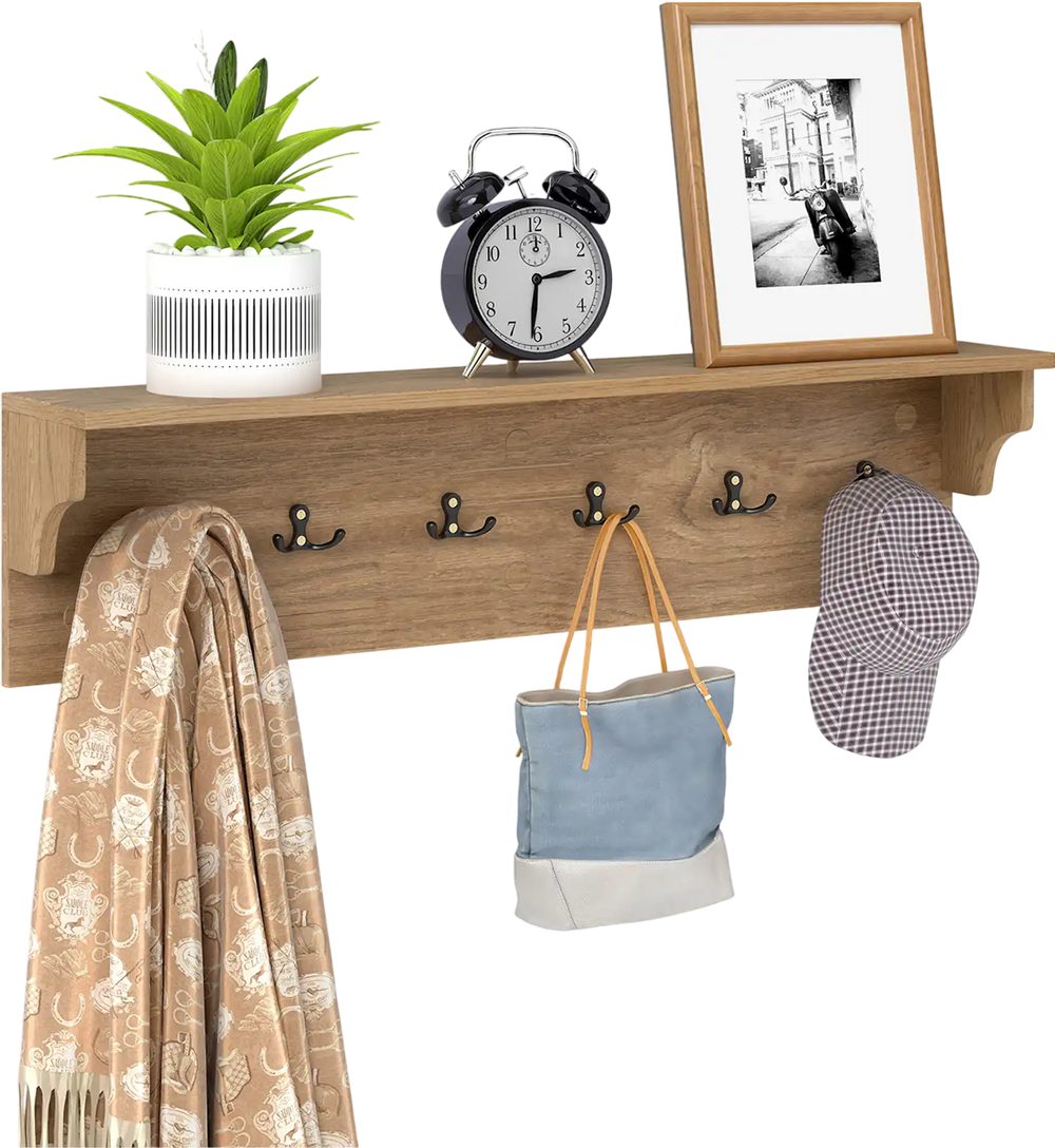 Wooden coat rack with shelf, featuring 6 hooks for hats and bags, ideal for entryway or living room organization.