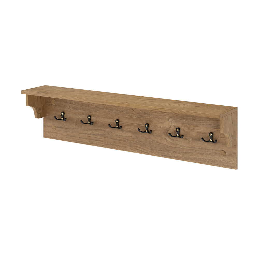 Wooden coat rack with shelf, 31.5 inches long, featuring 6 hooks for hats and towels, perfect for entryway organization.