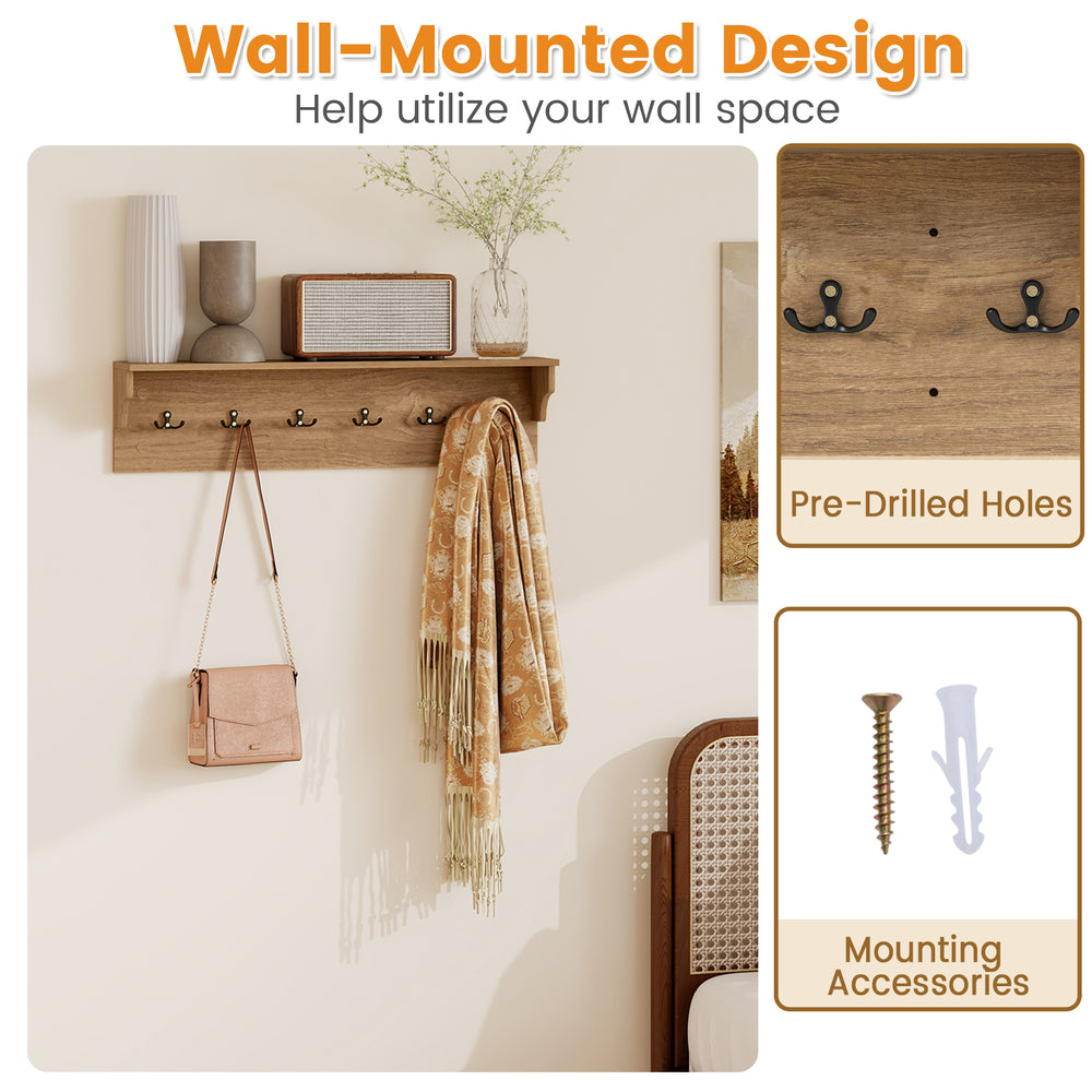 Wall-mounted wooden coat rack with shelf, featuring pre-drilled holes for easy setup, perfect for any room's.