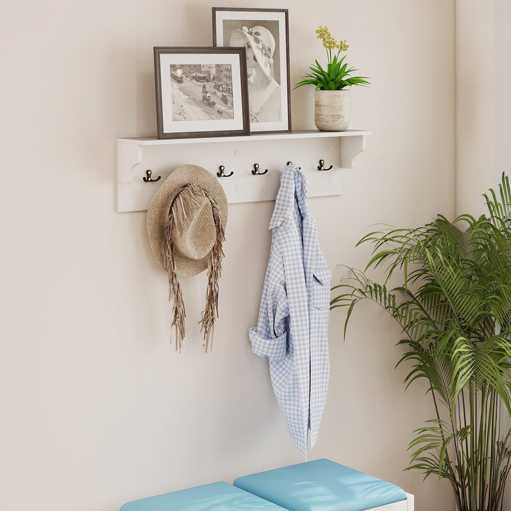 Wall Hooks with Shelf 31.5inch Wooden Coat Rack with 6 Hooks for Hats Towels Purses Robes-White - Gallery View 1 of 10
