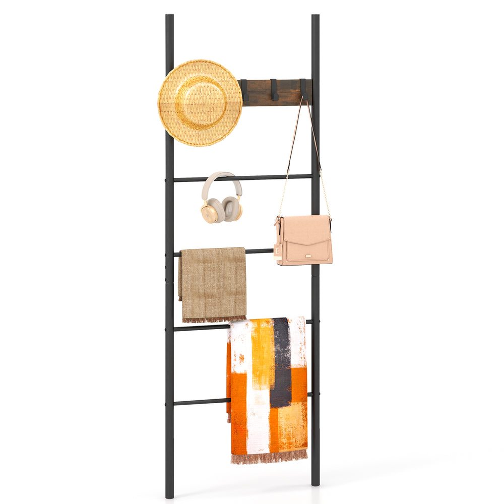 Wall-leaning decorative blanket holder with 5 removable hooks, featuring a durable metal frame for versatile home.