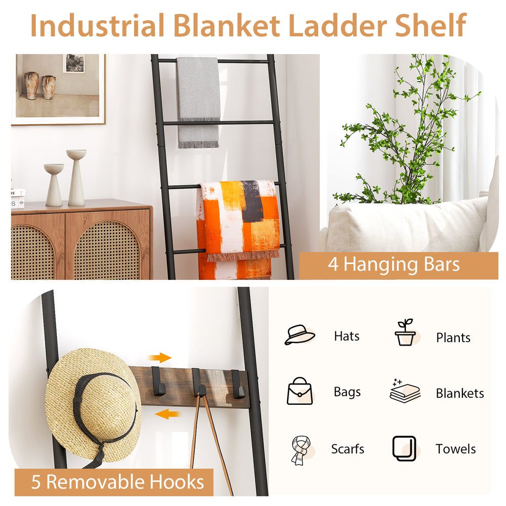 Wall-leaning decorative blanket holder with 5 removable hooks and industrial design, perfect for living room or bedroom.