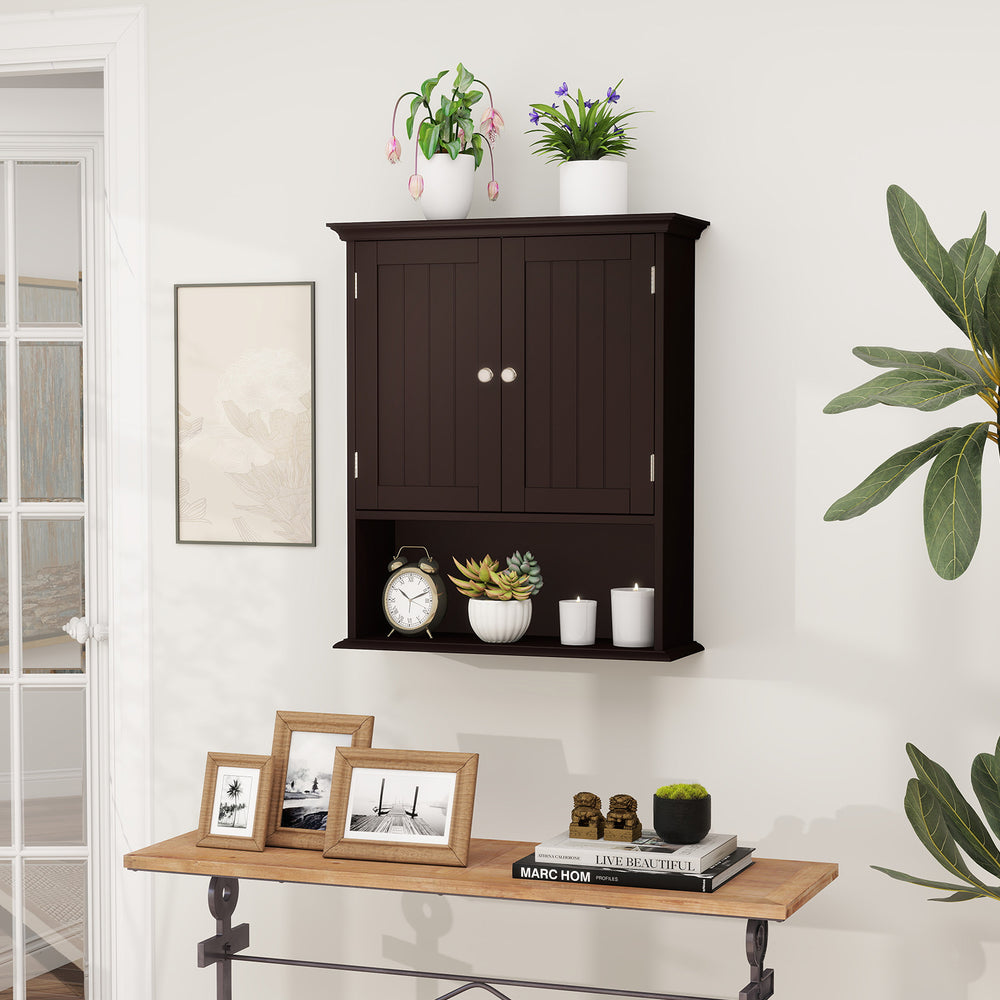 Wall Mount Bathroom Cabinet Storage Organizer with Doors and Shelves-Brown - Gallery View 1 of 10