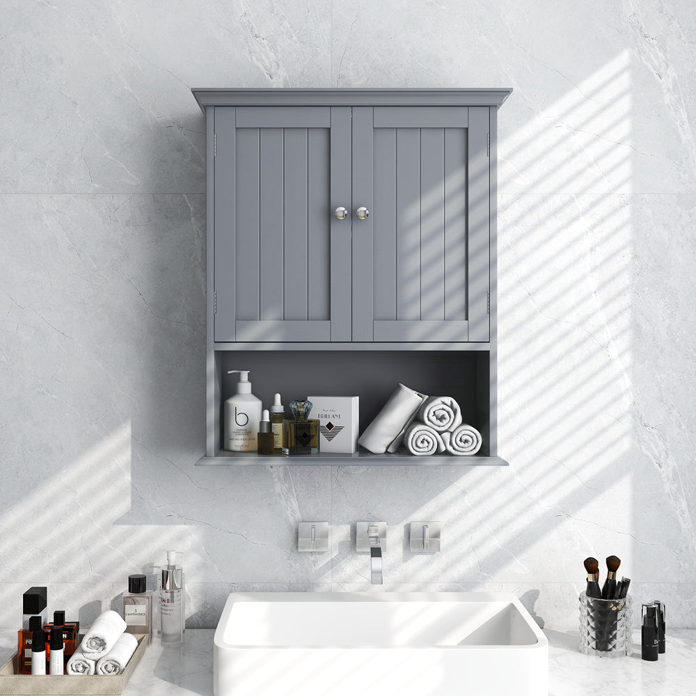 Wall Mount Bathroom Cabinet Storage Organizer with Doors and Shelves-Gray - Gallery View 1 of 10