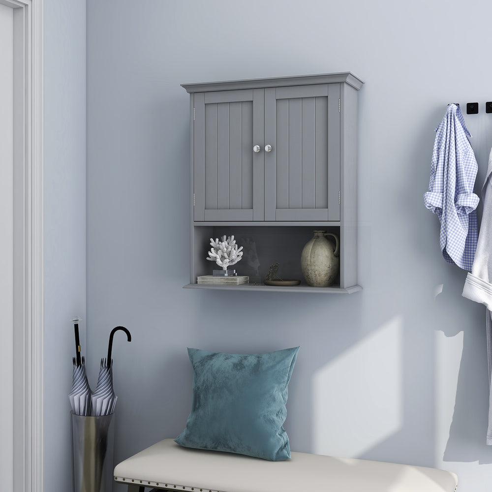 Gray wall-mounted bathroom cabinet with doors and adjustable shelves for organized storage in any room.
