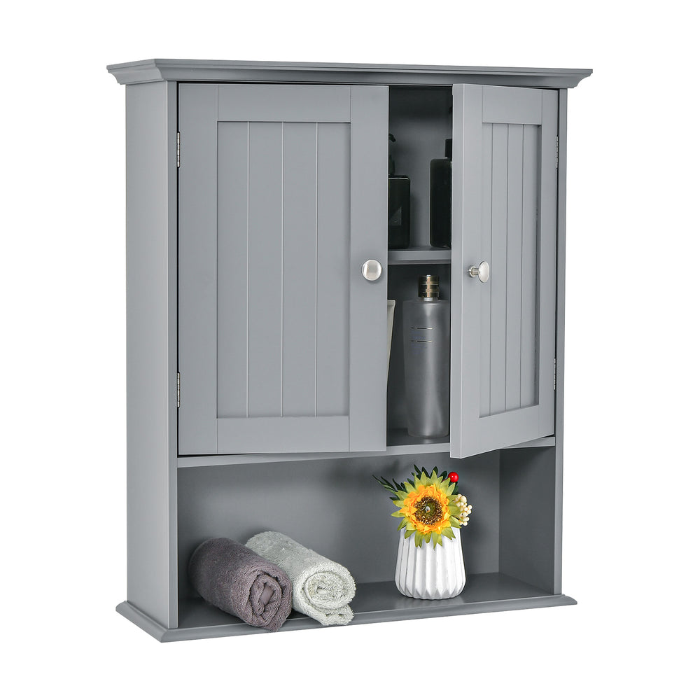 Gray wall-mounted bathroom cabinet with doors and adjustable shelves, perfect for organizing various items in small.