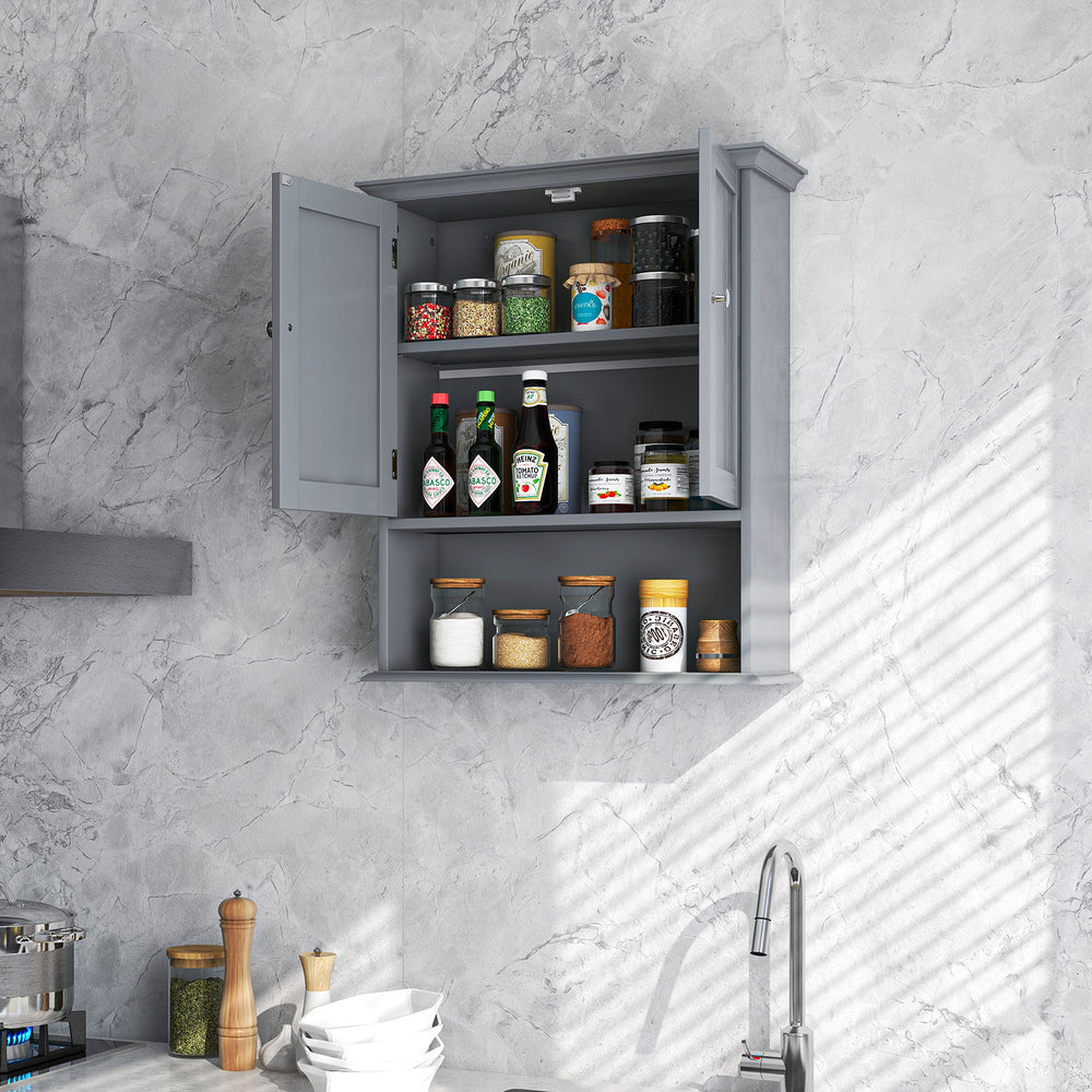 Gray wall-mounted bathroom cabinet with two doors and adjustable shelves, ideal for organized storage in any room.