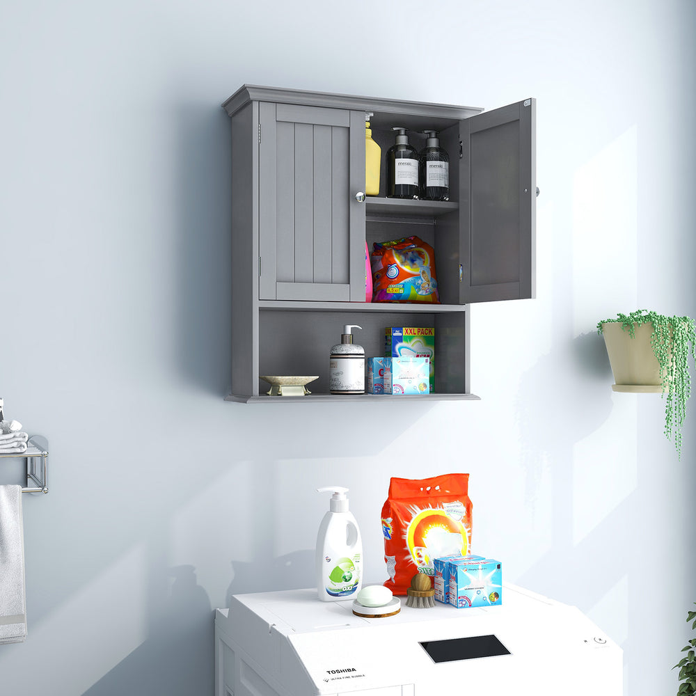 Gray wall-mounted bathroom cabinet with doors and adjustable shelves, ideal for organizing various items in small.