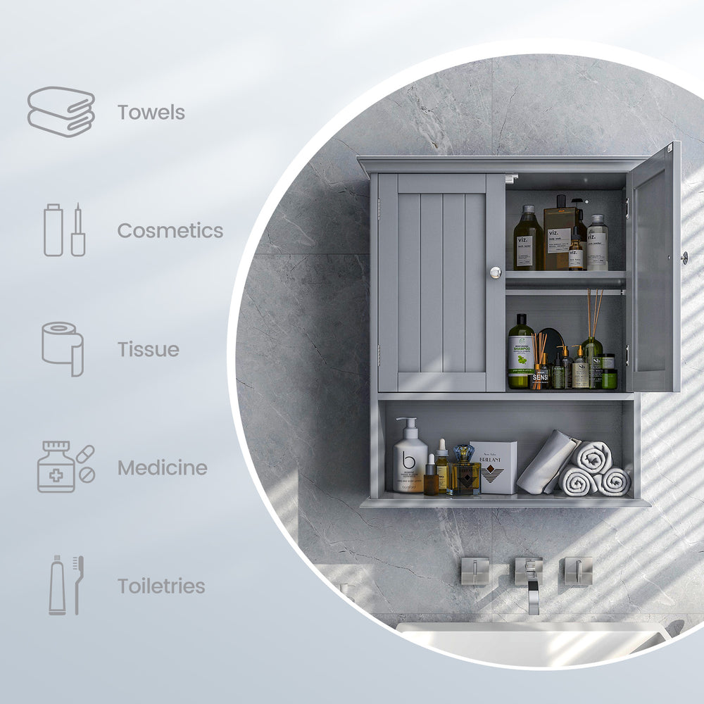 Wall-mounted gray bathroom cabinet with adjustable shelves and doors for organized storage of toiletries and cosmetics.
