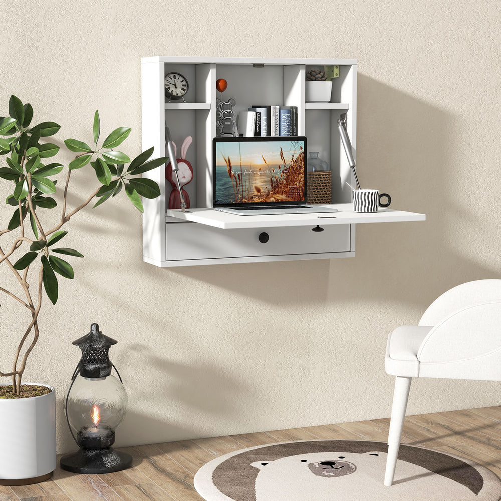 White wall-mounted floating desk with foldable design and bottom drawer, perfect for maximizing storage in small spaces.