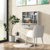 Wall-mounted foldable desk in white with six storage shelves and a drawer, ideal for small spaces and versatile use.